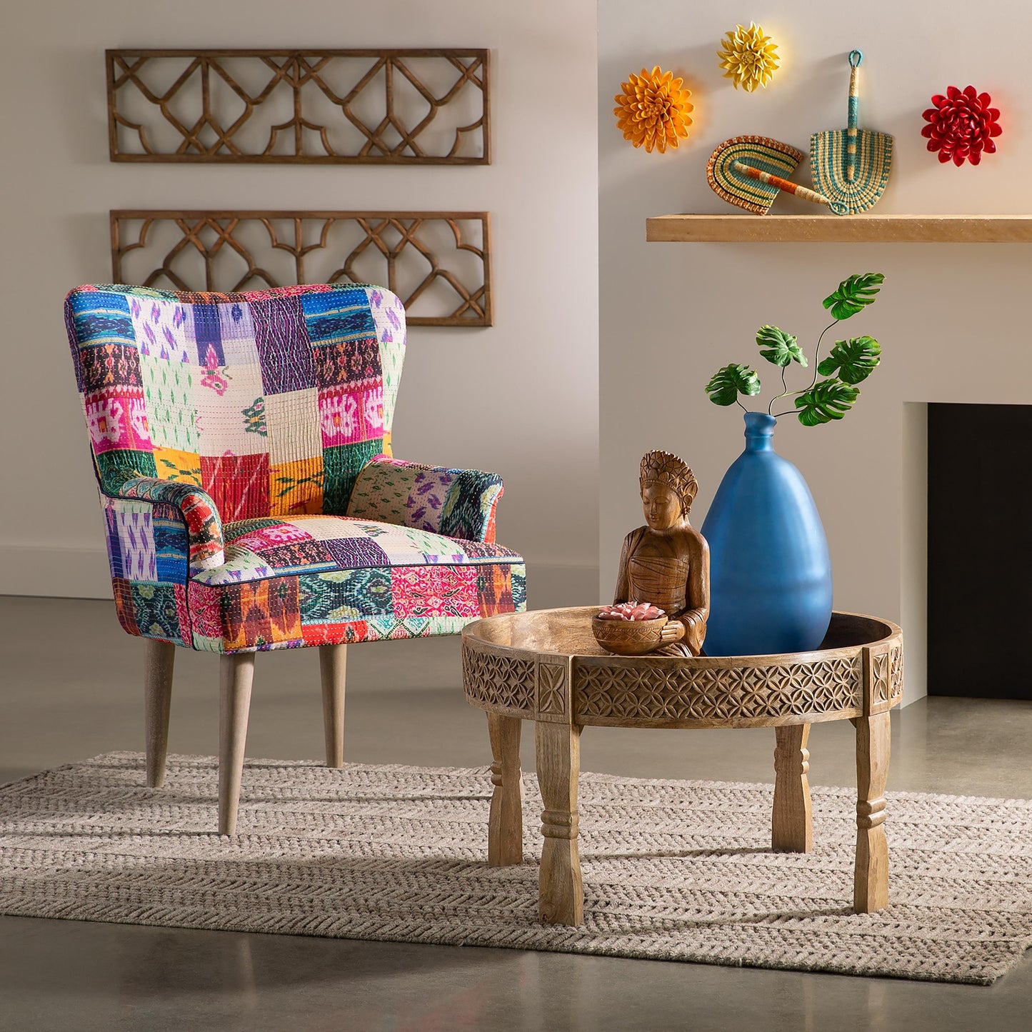Boho-Vibe – Kantha Wing Accent Chair (Patchwork Design)