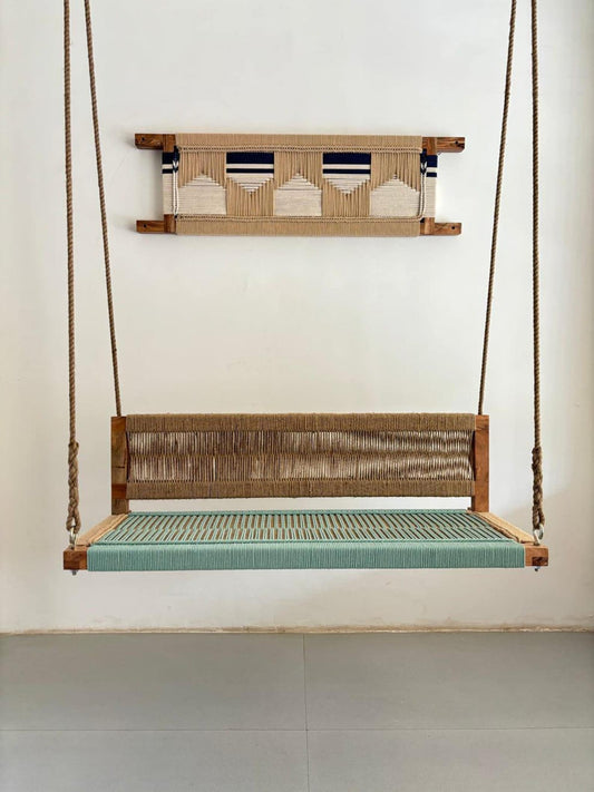 Boho Vibe - Olive Green Handwoven Hemp Rope Sheesham Wood Swing
