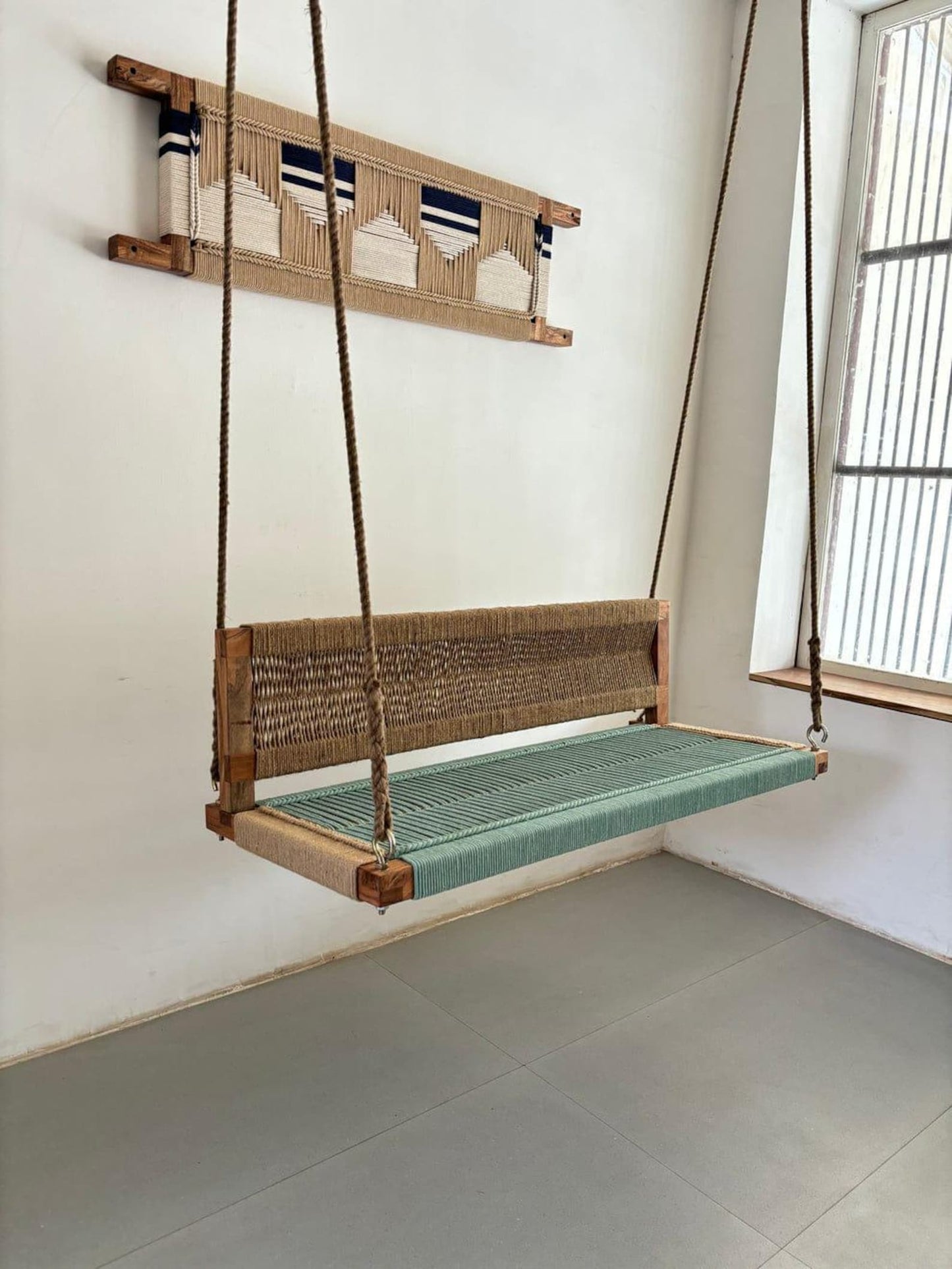 Boho Vibe - Olive Green Handwoven Hemp Rope Sheesham Wood Swing