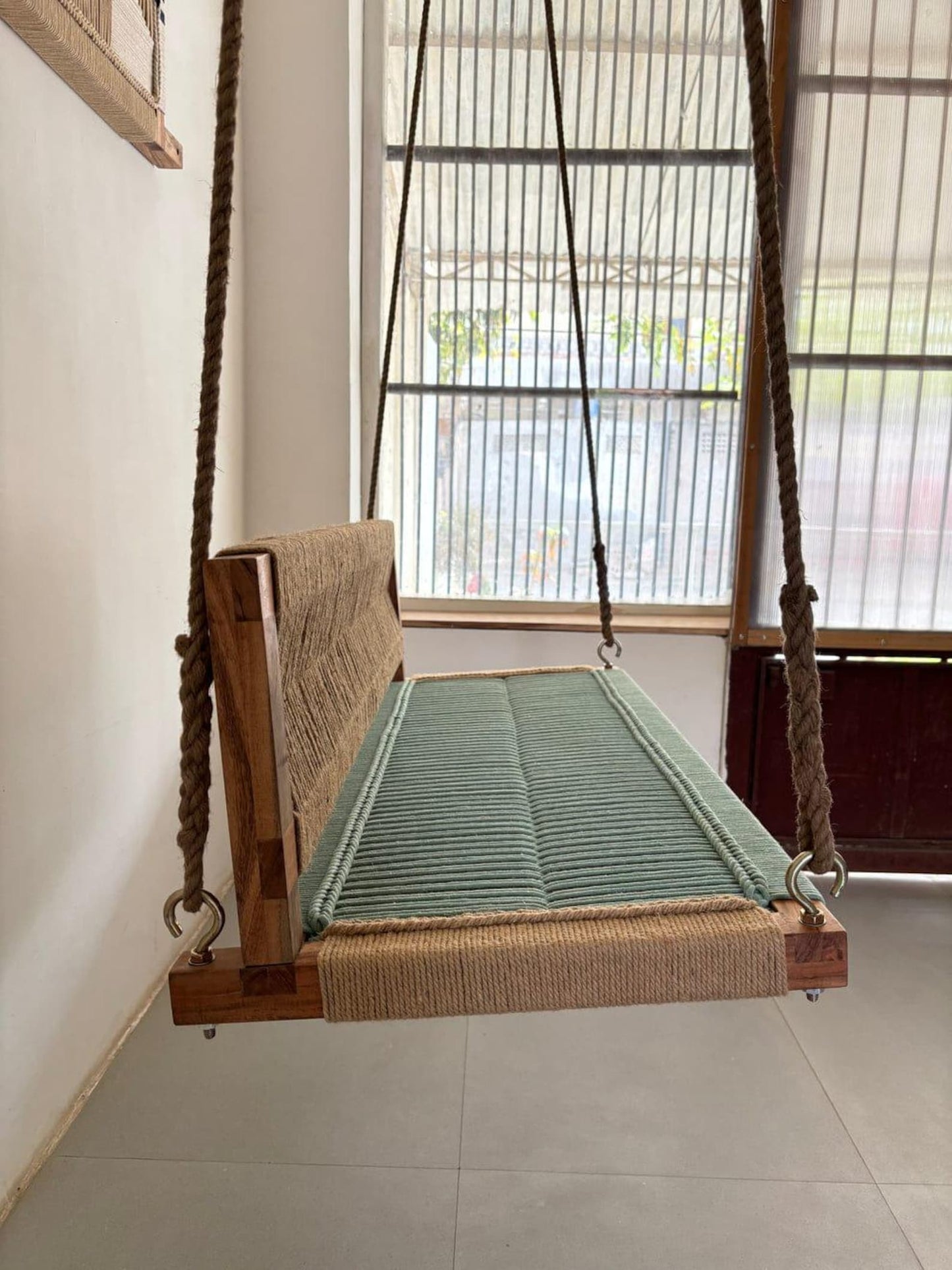 Boho Vibe - Olive Green Handwoven Hemp Rope Sheesham Wood Swing
