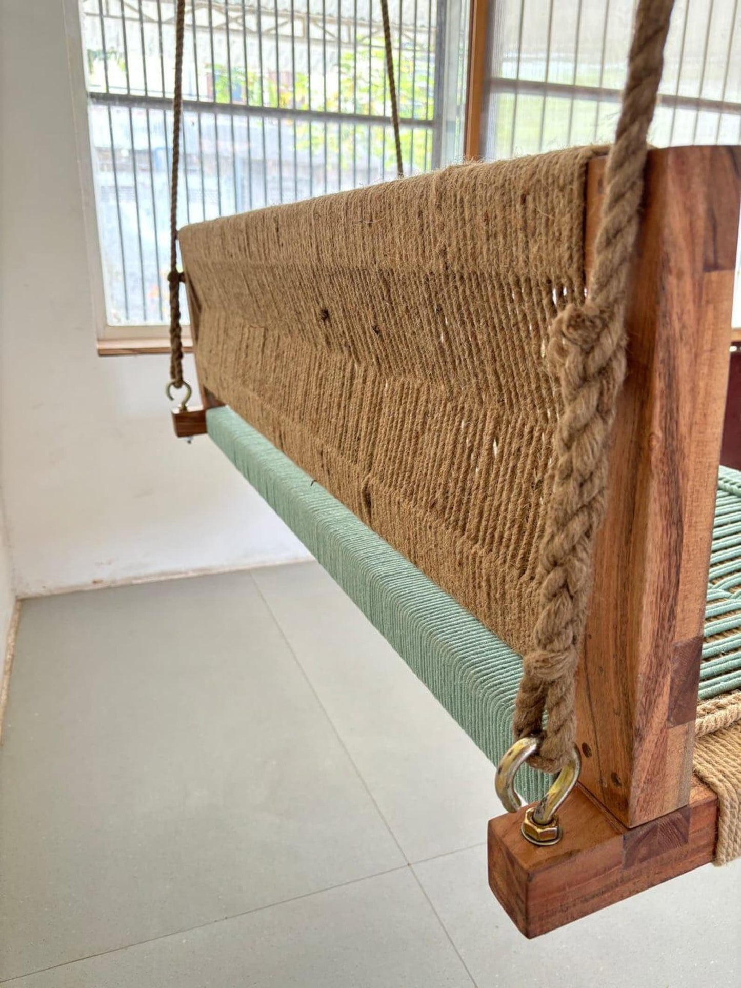Boho Vibe - Olive Green Handwoven Hemp Rope Sheesham Wood Swing