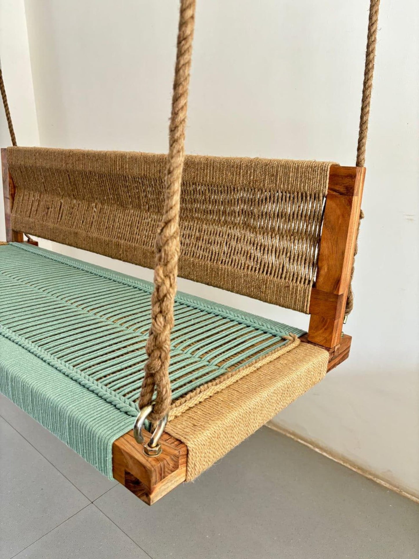Boho Vibe - Olive Green Handwoven Hemp Rope Sheesham Wood Swing