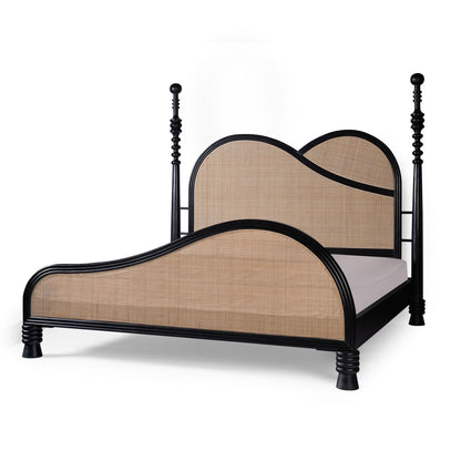 Apocalypse - Curved Headboard Solid Wood Bed (Rattan Design & Black Satin Finish)