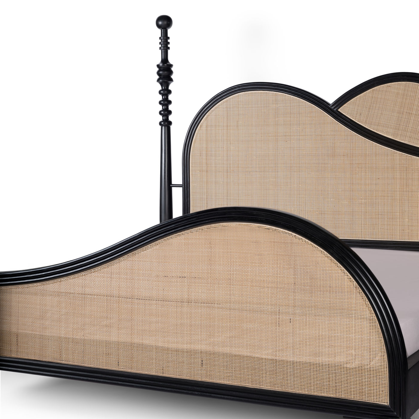 Apocalypse - Curved Headboard Solid Wood Bed (Rattan Design & Black Satin Finish)