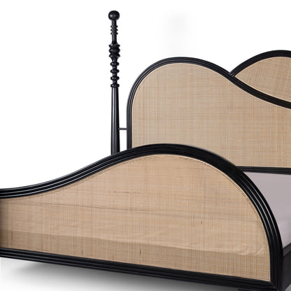 Apocalypse - Curved Headboard Solid Wood Bed (Rattan Design & Black Satin Finish)