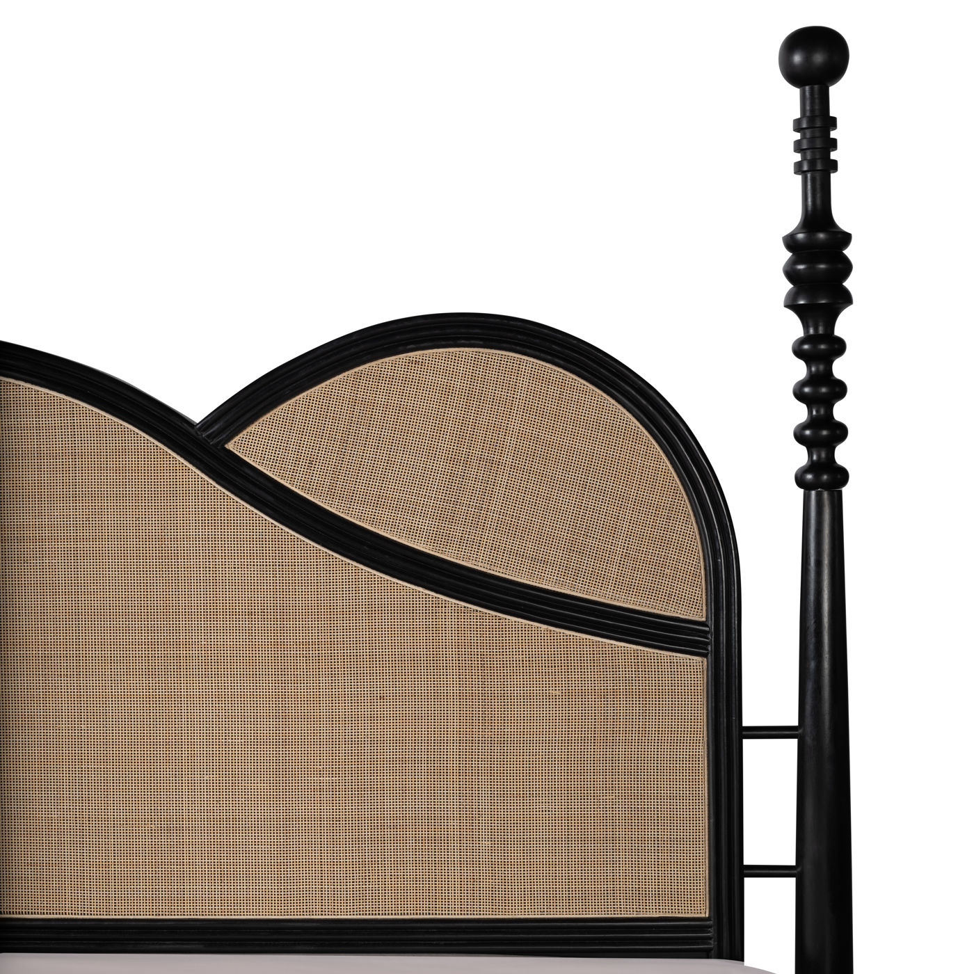 Apocalypse - Curved Headboard Solid Wood Bed (Rattan Design & Black Satin Finish)