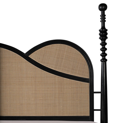 Apocalypse - Curved Headboard Solid Wood Bed (Rattan Design & Black Satin Finish)
