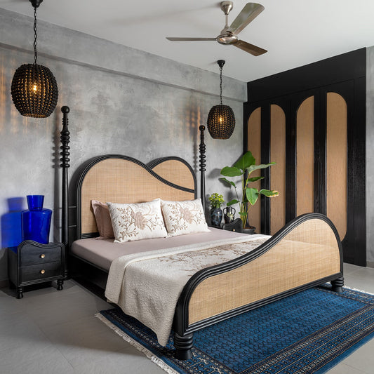 Apocalypse - Curved Headboard Solid Wood Bed (Rattan Design & Black Satin Finish)