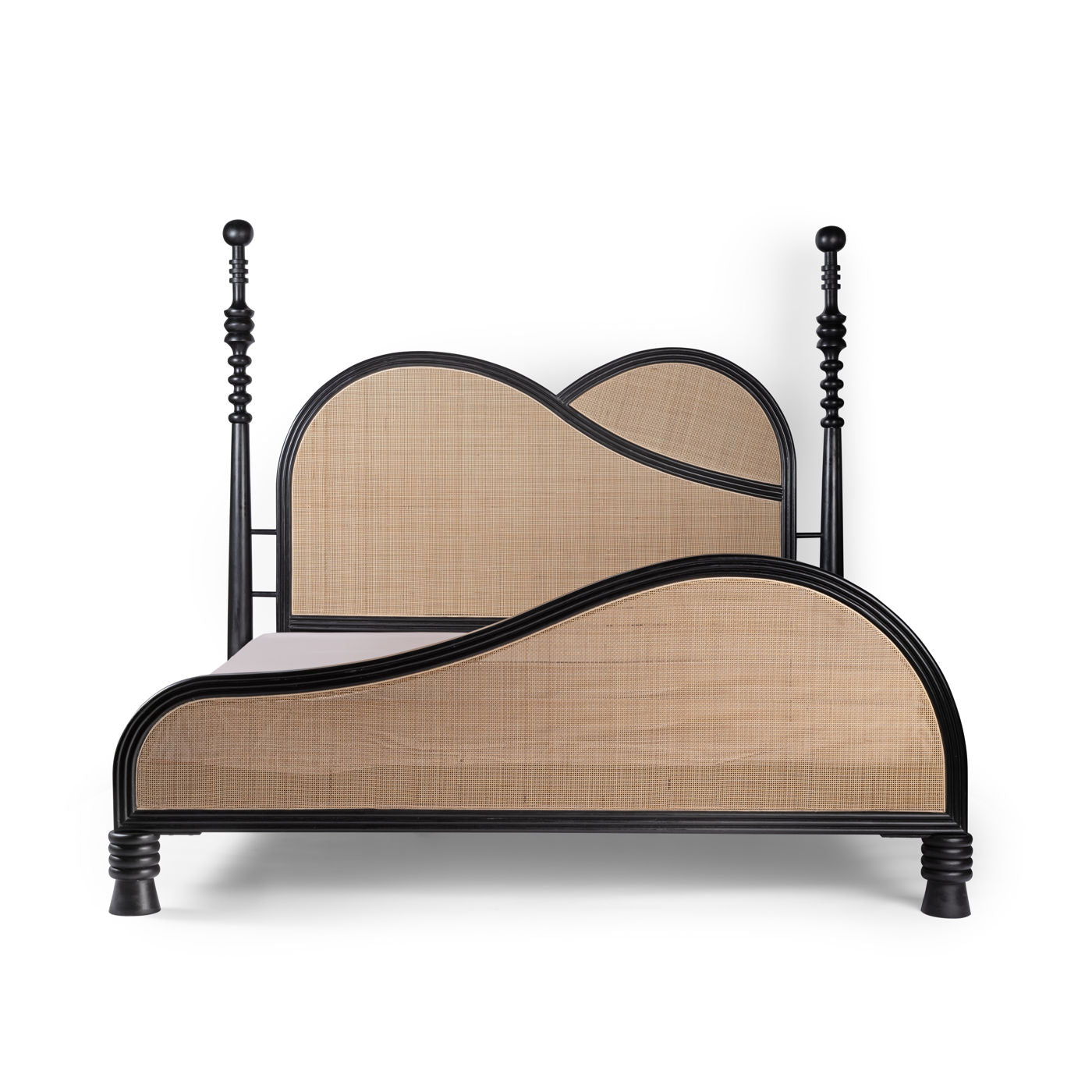 Apocalypse - Curved Headboard Solid Wood Bed (Rattan Design & Black Satin Finish)