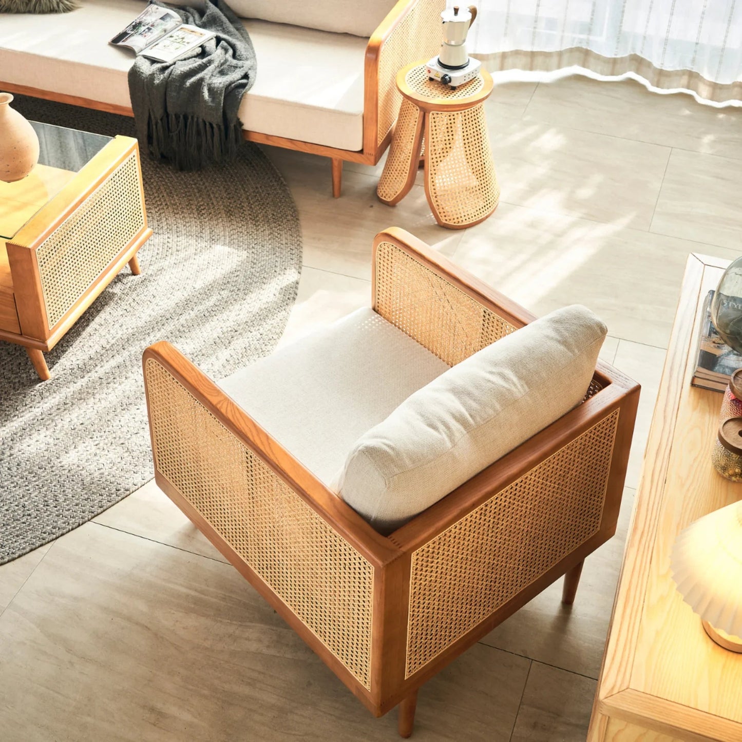 Elysian Ash Wood & Rattan 3 Seater Sofa – Timeless Craftsmanship, Everyday Comfort