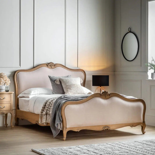 Jennifer – Wood Hand-Carved Natural Vintage Upholstered Bed