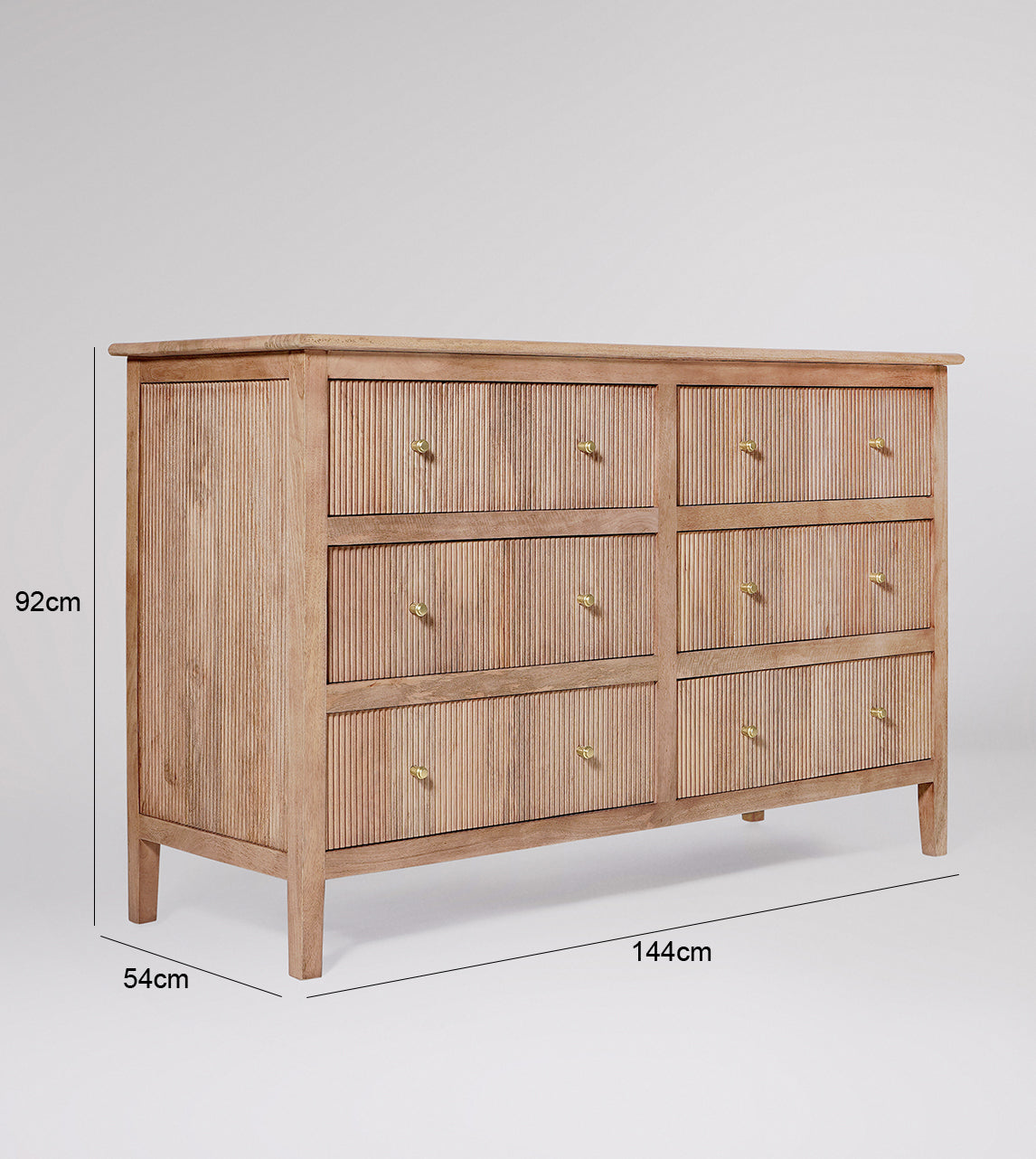 Wooden dresser with dimensions on a white background