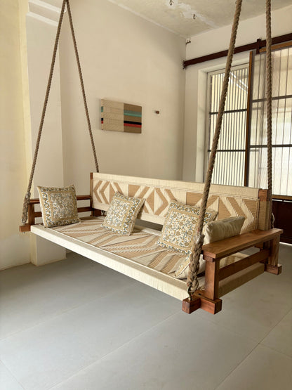 Boho Vibe - Woven Wooden Swing (Jhula / Oonjal) Organic Rope.