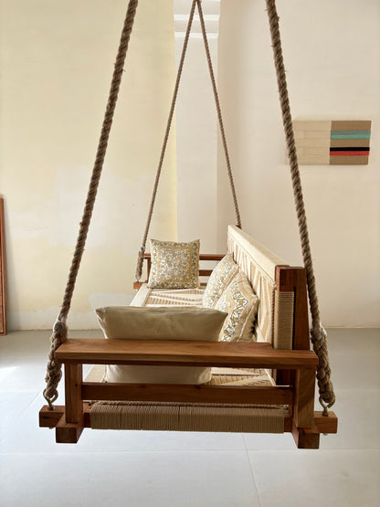 Boho Vibe - Woven Wooden Swing (Jhula / Oonjal) Organic Rope.