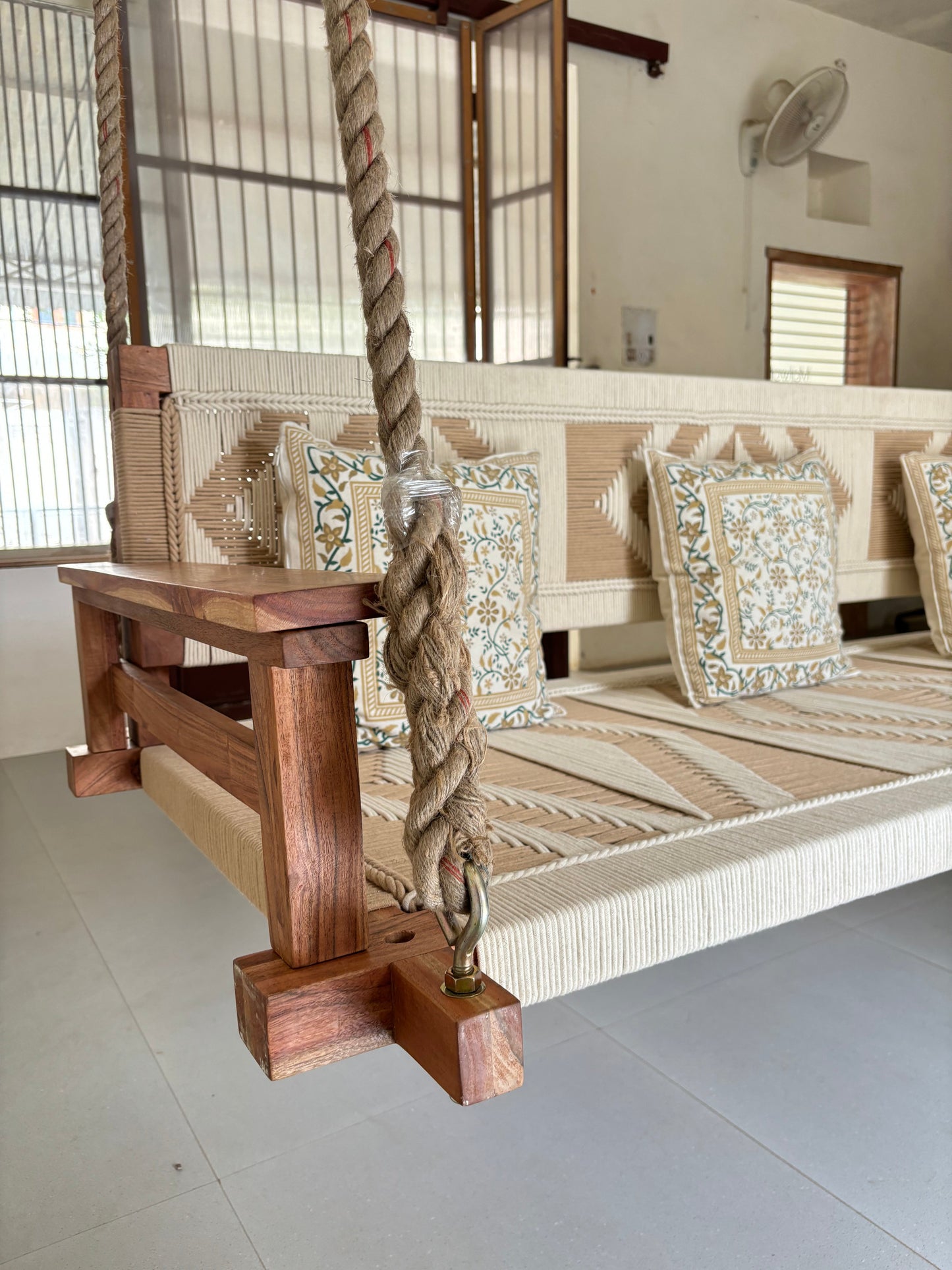 Boho Vibe - Woven Wooden Swing (Jhula / Oonjal) Organic Rope.