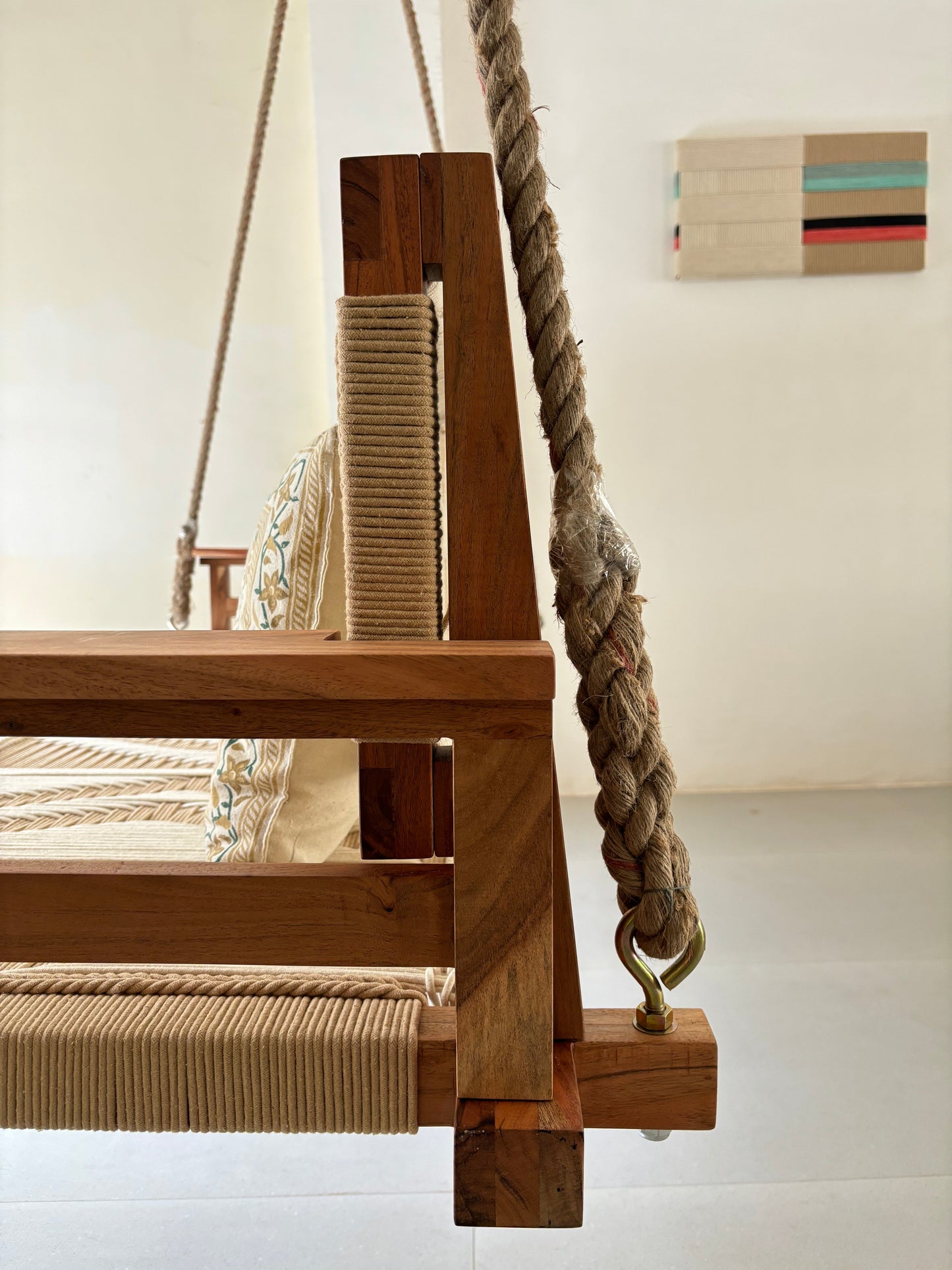 Boho Vibe - Woven Wooden Swing (Jhula / Oonjal) Organic Rope.