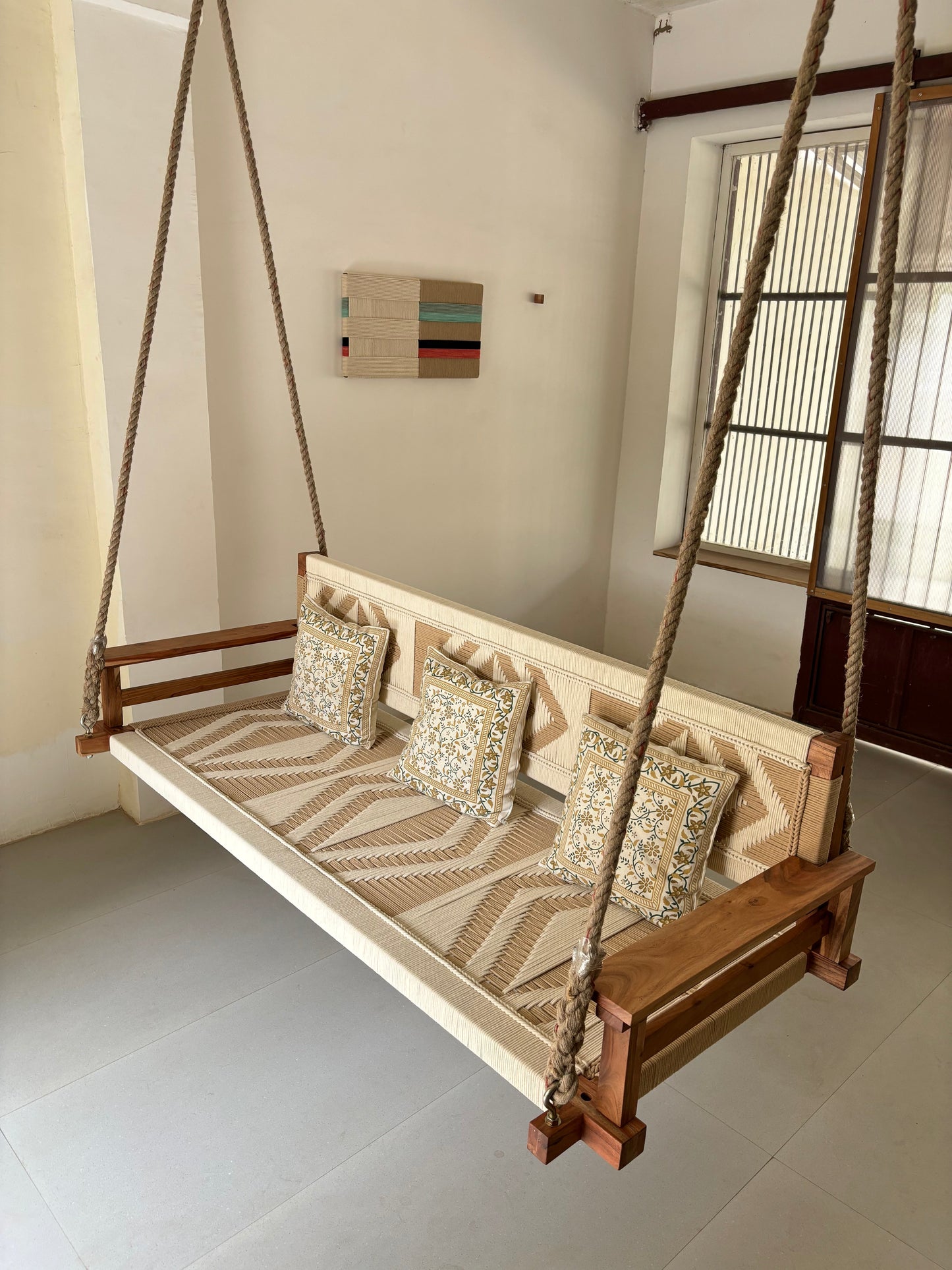 Boho Vibe - Woven Wooden Swing (Jhula / Oonjal) Organic Rope.