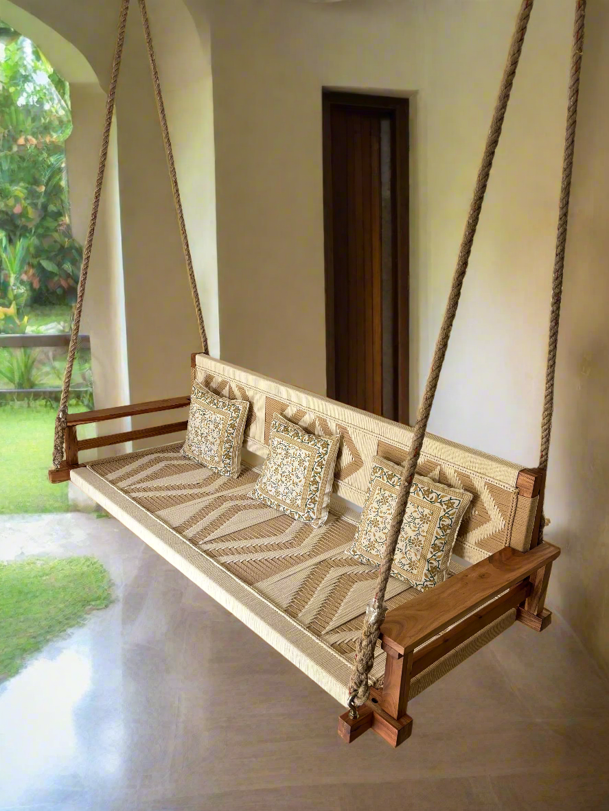 Boho Vibe - Woven Wooden Swing (Jhula / Oonjal) Organic Rope.