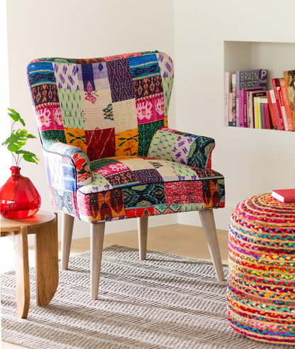 Boho-Vibe – Kantha Wing Accent Chair (Patchwork Design)