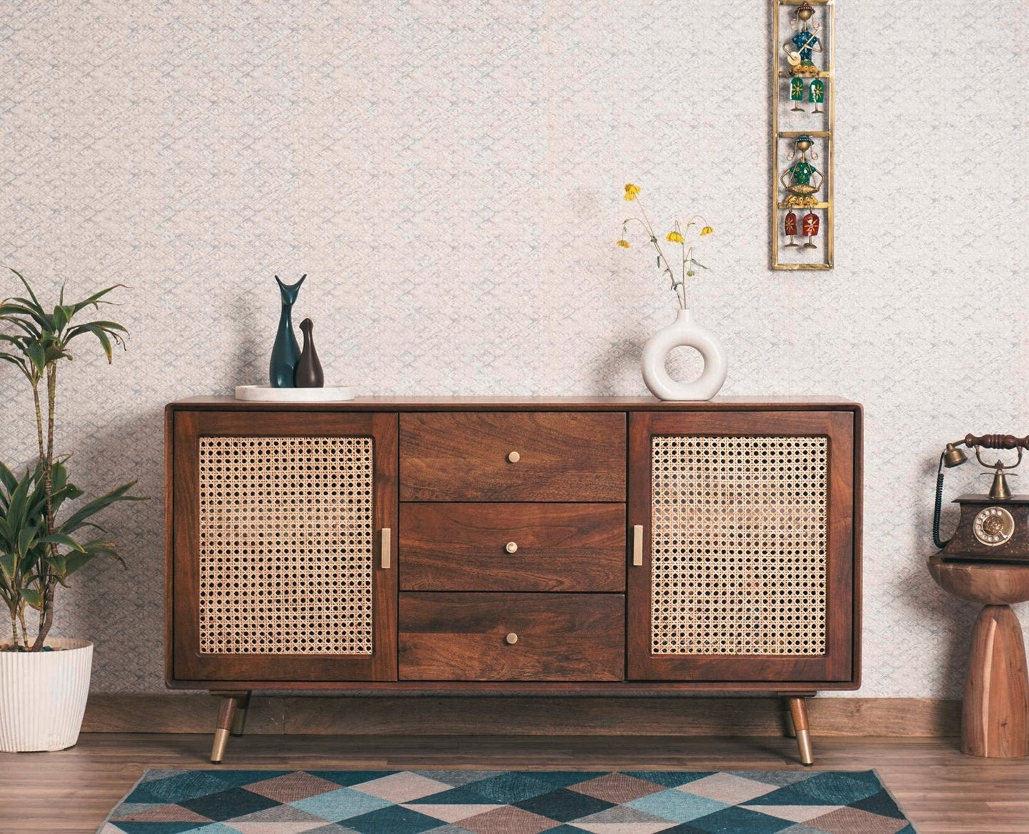 Rattan - Cane Solid Wood Two Door Sideboard with Three Drawers