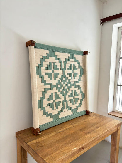 Boho Vibe – Olive Green Handwoven Hemp Rope Swing Oonjal (Square Design | Sheesham Wood)