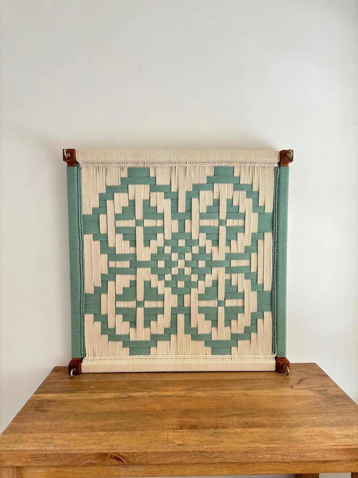 Boho Vibe – Olive Green Handwoven Hemp Rope Swing Oonjal (Square Design | Sheesham Wood)