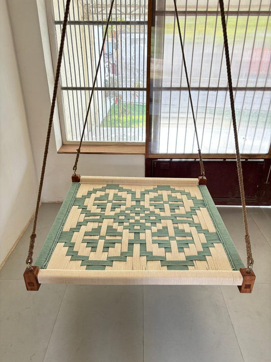 Boho Vibe – Olive Green Handwoven Hemp Rope Swing Oonjal (Square Design | Sheesham Wood)