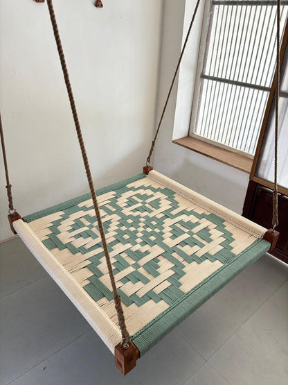 Boho Vibe – Olive Green Handwoven Hemp Rope Swing Oonjal (Square Design | Sheesham Wood)
