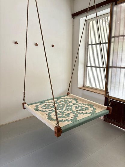 Boho Vibe – Olive Green Handwoven Hemp Rope Swing Oonjal (Square Design | Sheesham Wood)