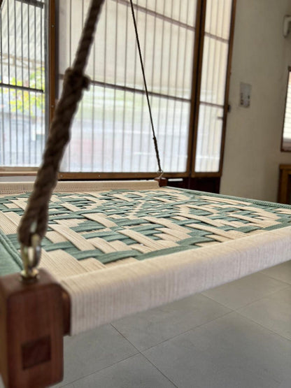 Boho Vibe – Olive Green Handwoven Hemp Rope Swing Oonjal (Square Design | Sheesham Wood)