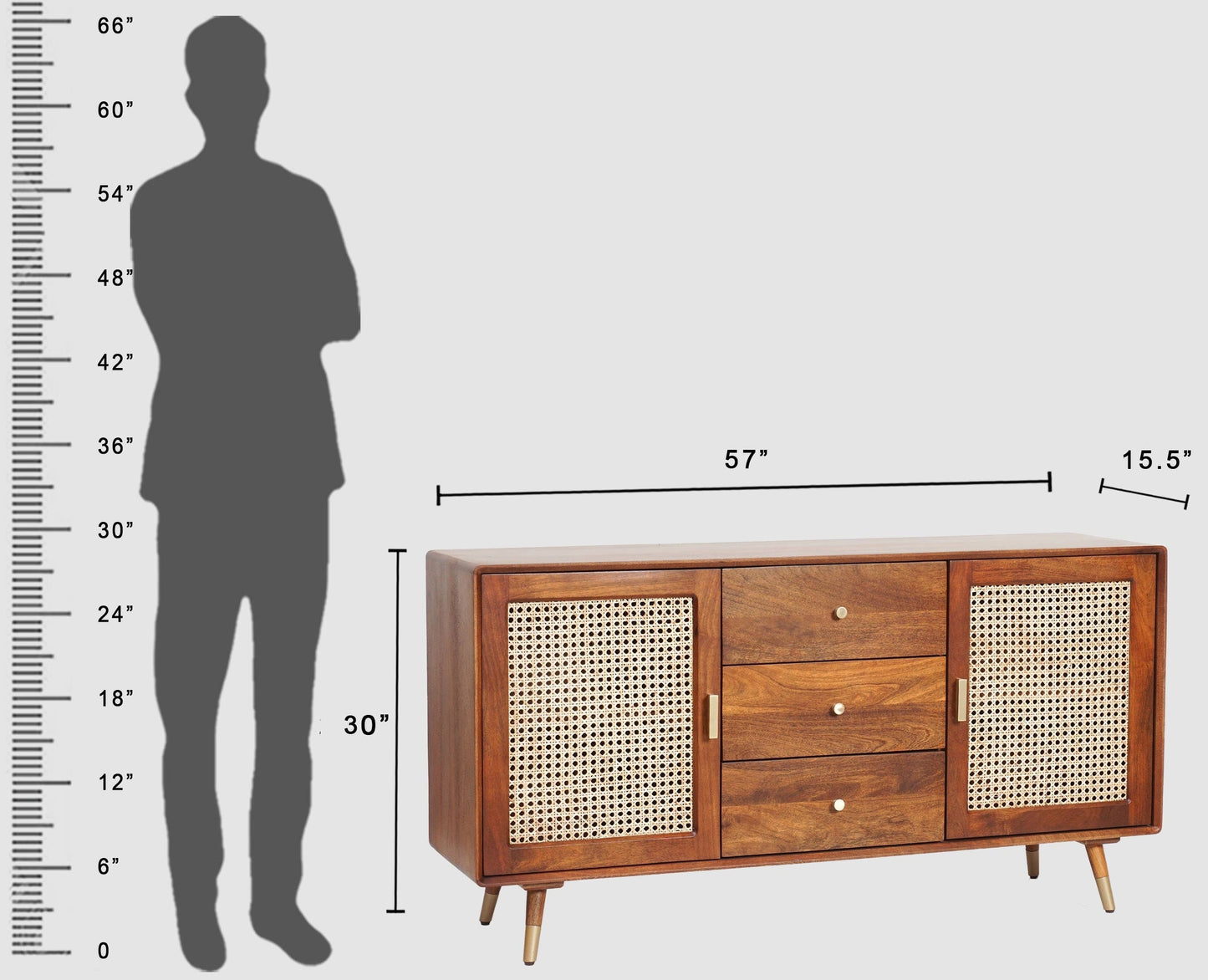 Rattan - Cane Solid Wood Two Door Sideboard with Three Drawers