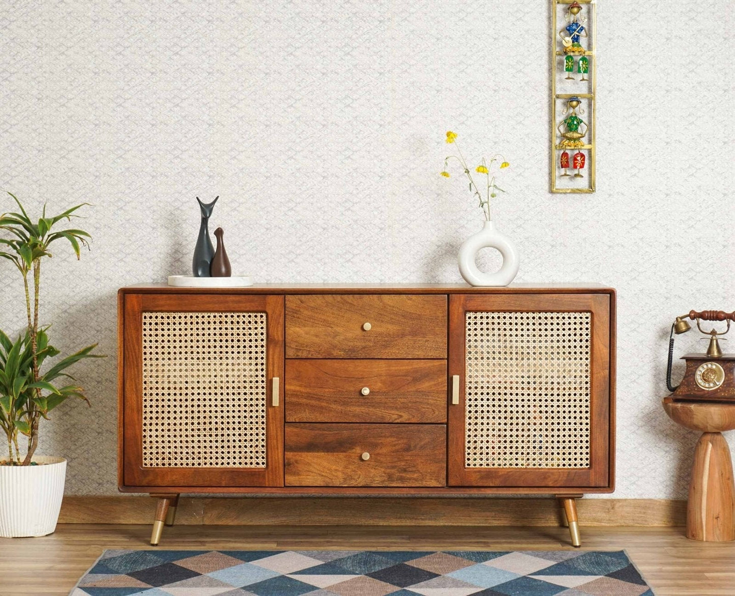 Rattan - Cane Solid Wood Two Door Sideboard with Three Drawers