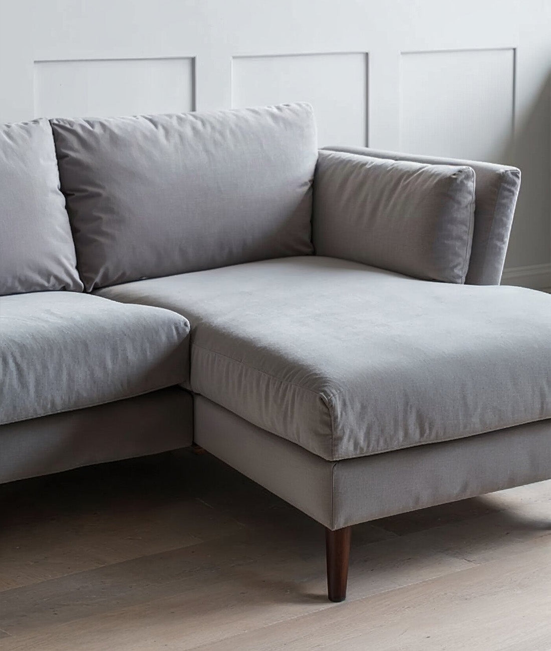 Stockholm Luxe Corner Sectional – Light Grey Velvet Chaise Sofa
