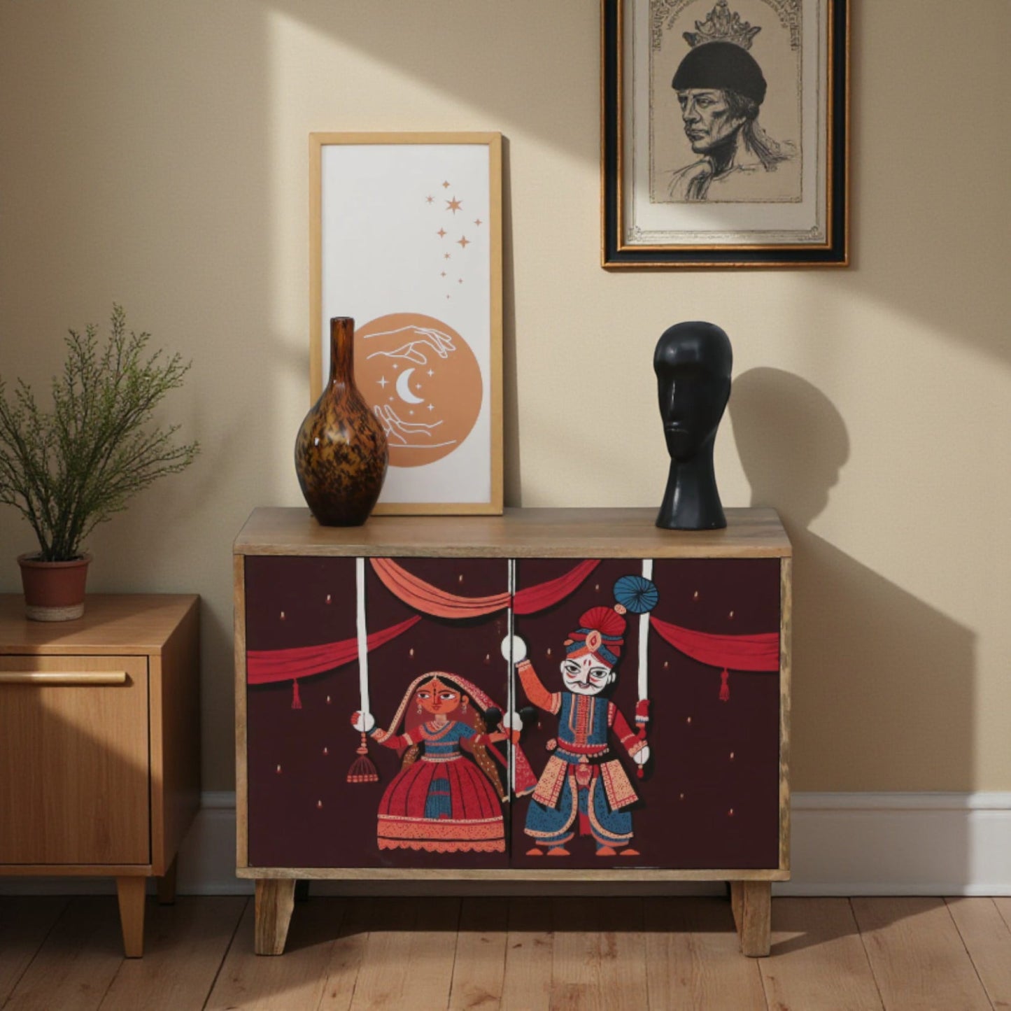 The Puppet – Traditional Rajasthani Hand‑Painted Mango Wood Cabinet