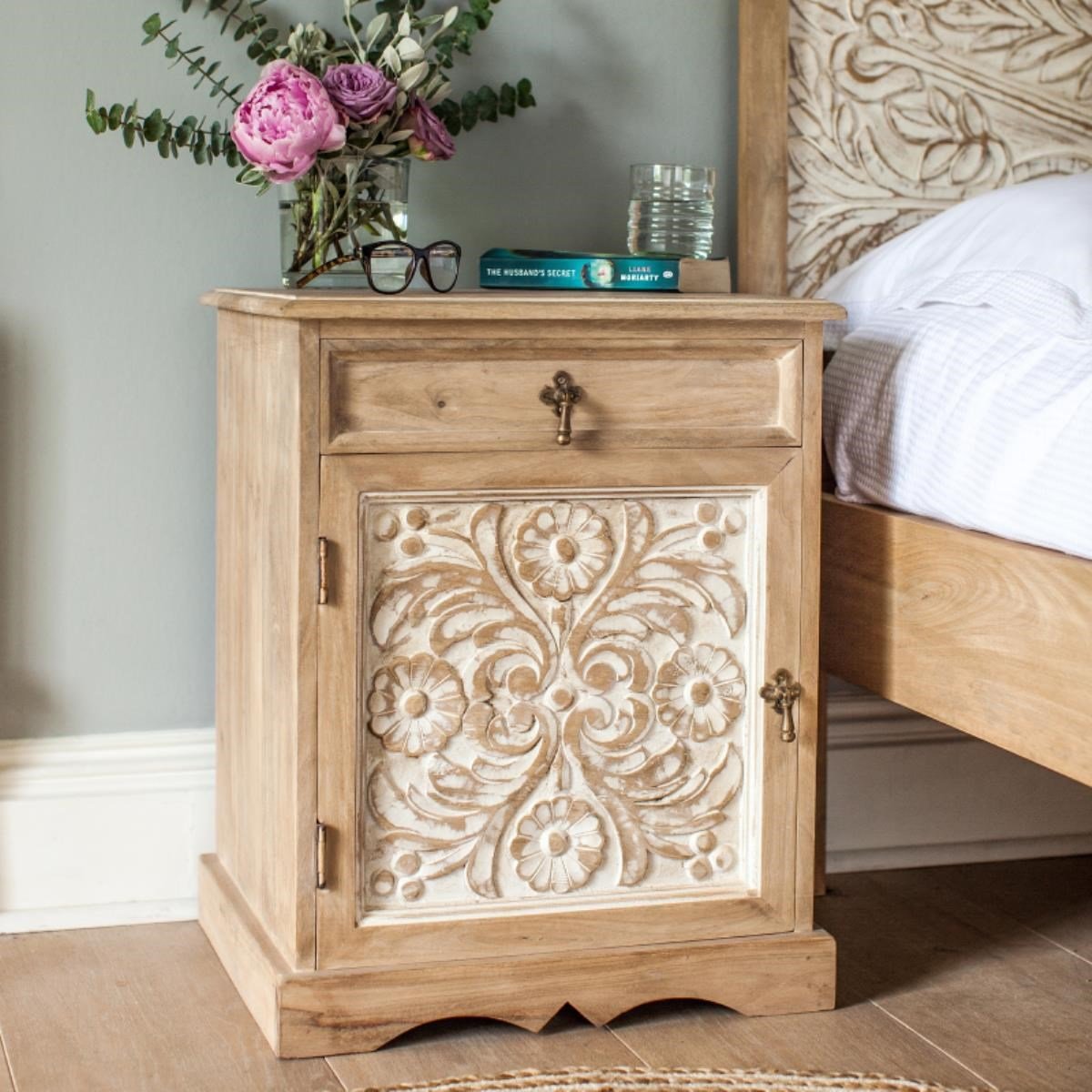 Bonville - Carved Bedside Table (Lime Wash)