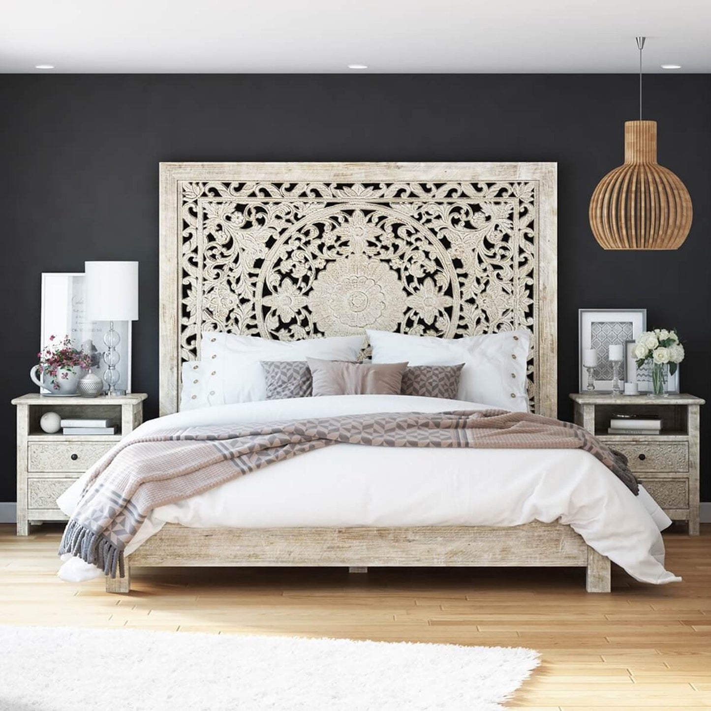 Achilles Black/White - Hand carved bed with Head Board